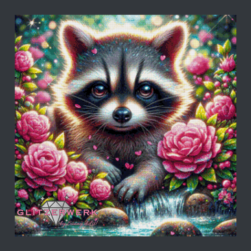 Waschbär im Rosengarten by Teddy's Kreativchaos 60x60cm 120 Farben