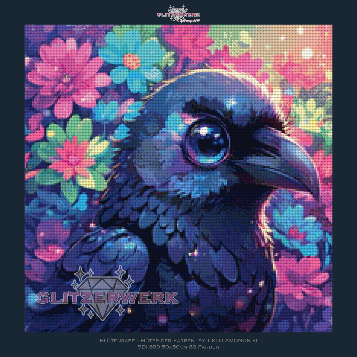 Blütenrabe – Hüter der Farben by Tiki_DIAMONDS.ai 50x50cm 80 Farben