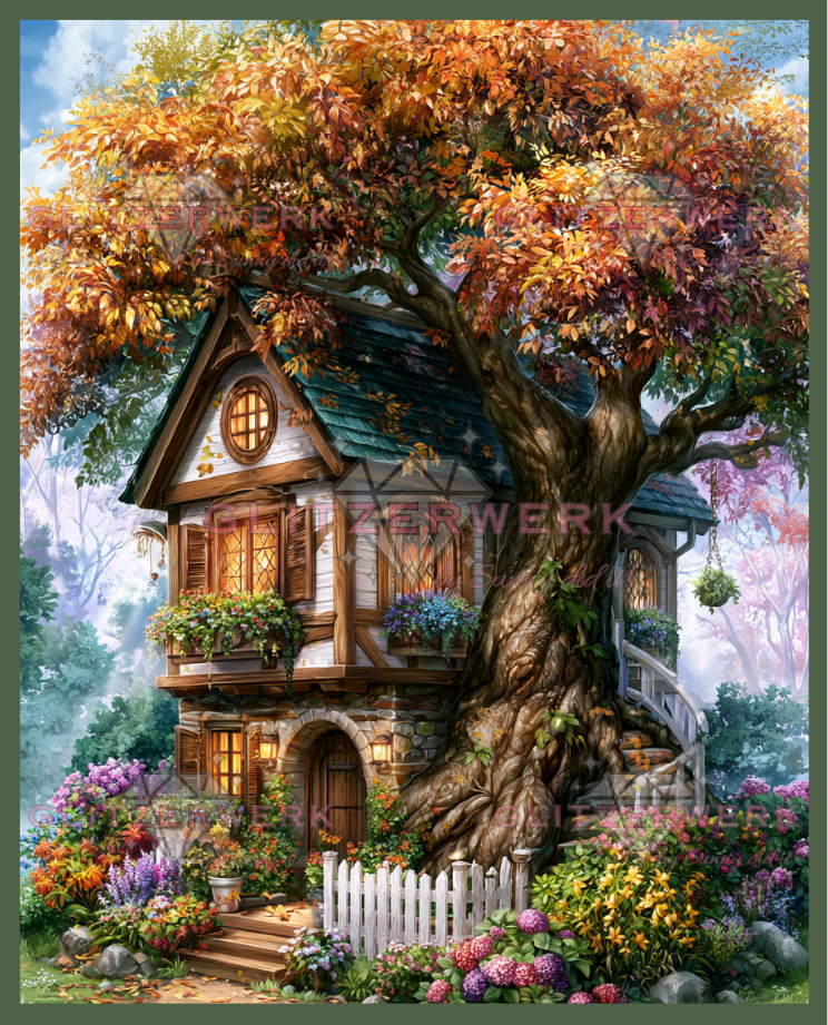 Das Häuschen am alten Baum by Funkelreich 60x75cm 115 Farben