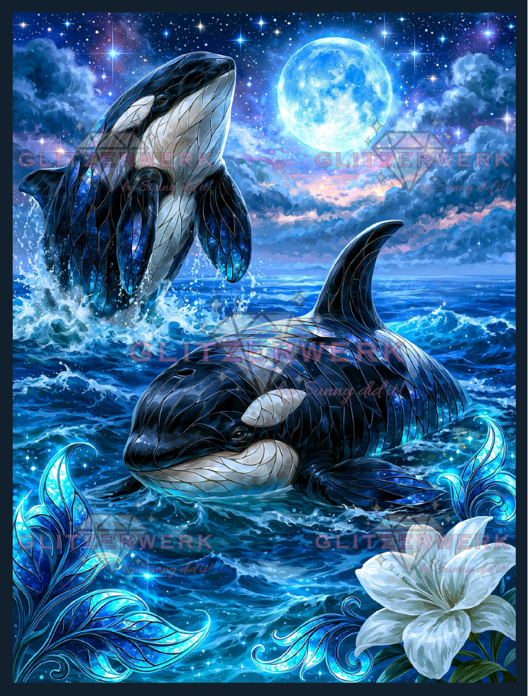 Orcas bei Nacht by Funkelreich 60x80cm 95 Farben