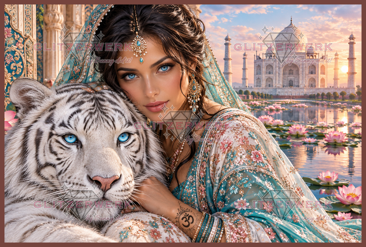 Zwei Seelen vor dem Taj Mahal by Kaira AI Art 120x80cm 165 Farben
