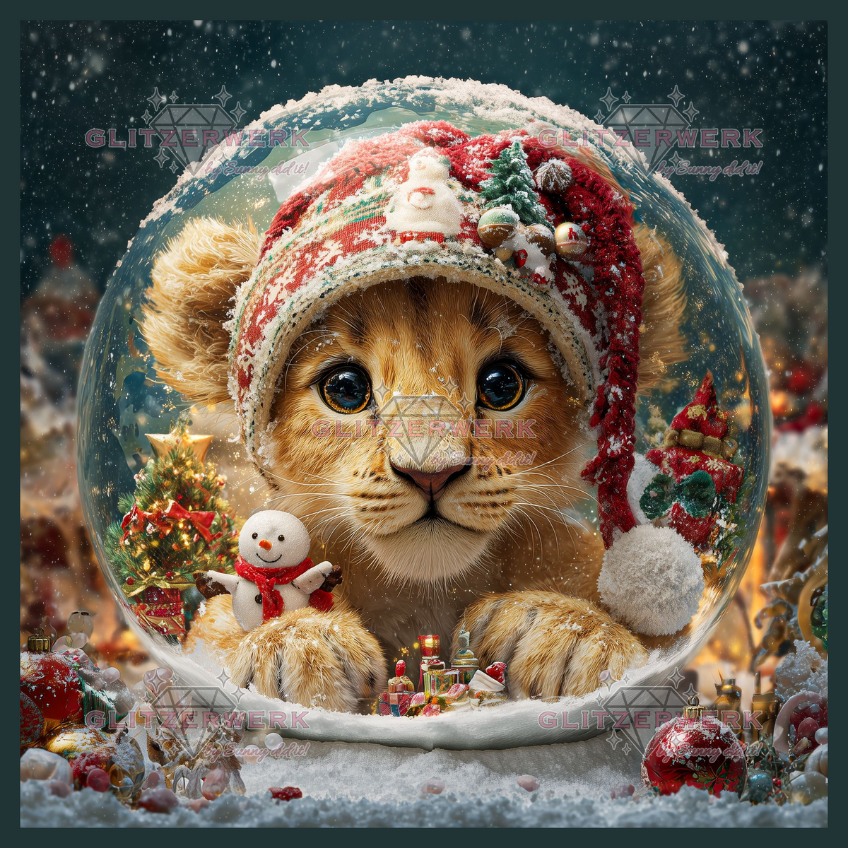 Weihnachtslöwe in Glaskugel by Funkelreich 60x60cm 125 Farben