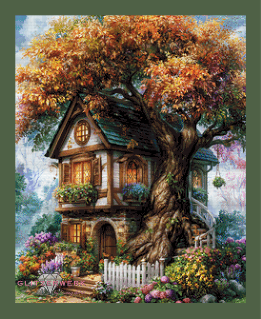 Das Häuschen am alten Baum by Funkelreich 60x75cm 115 Farben