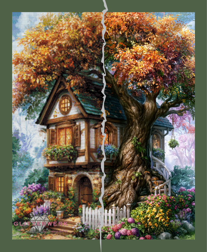 Das Häuschen am alten Baum by Funkelreich 60x75cm 115 Farben