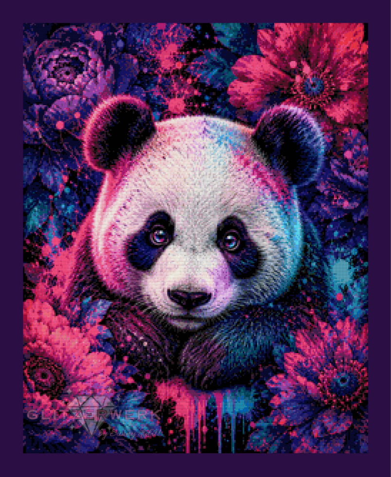 Panda zwischen Farbexplosionen by tiki_DIAMONDS.ai 60x75cm 115 Farben
