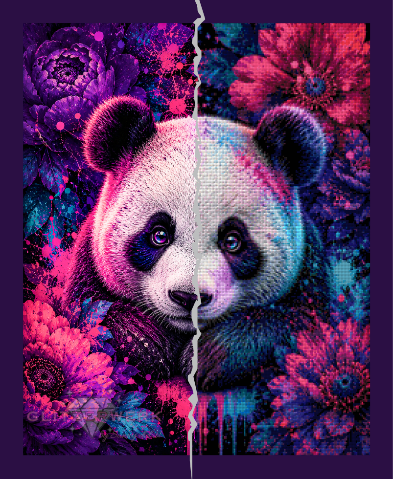 Panda zwischen Farbexplosionen by tiki_DIAMONDS.ai 60x75cm 115 Farben