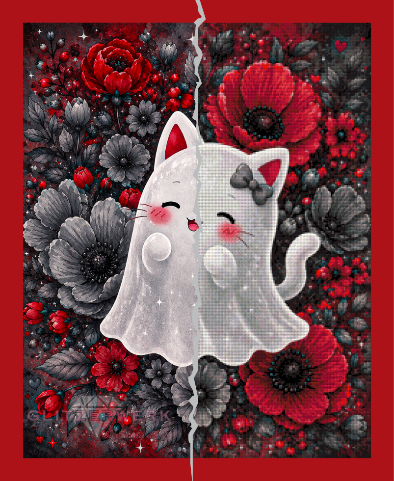 Ghost Kitty by tiki_DIAMONDS.ai 60x75cm 85 Farben mit 9x Sondersteinen
