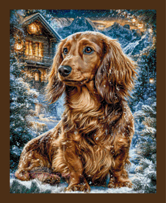 Dackel im Schnee by Funkelreich 60x75cm 115 Farben mit 9x Sondersteinen