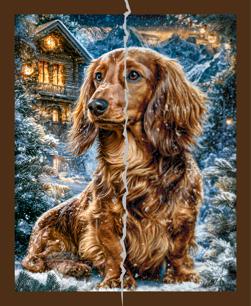 Dackel im Schnee by Funkelreich 60x75cm 115 Farben mit 9x Sondersteinen