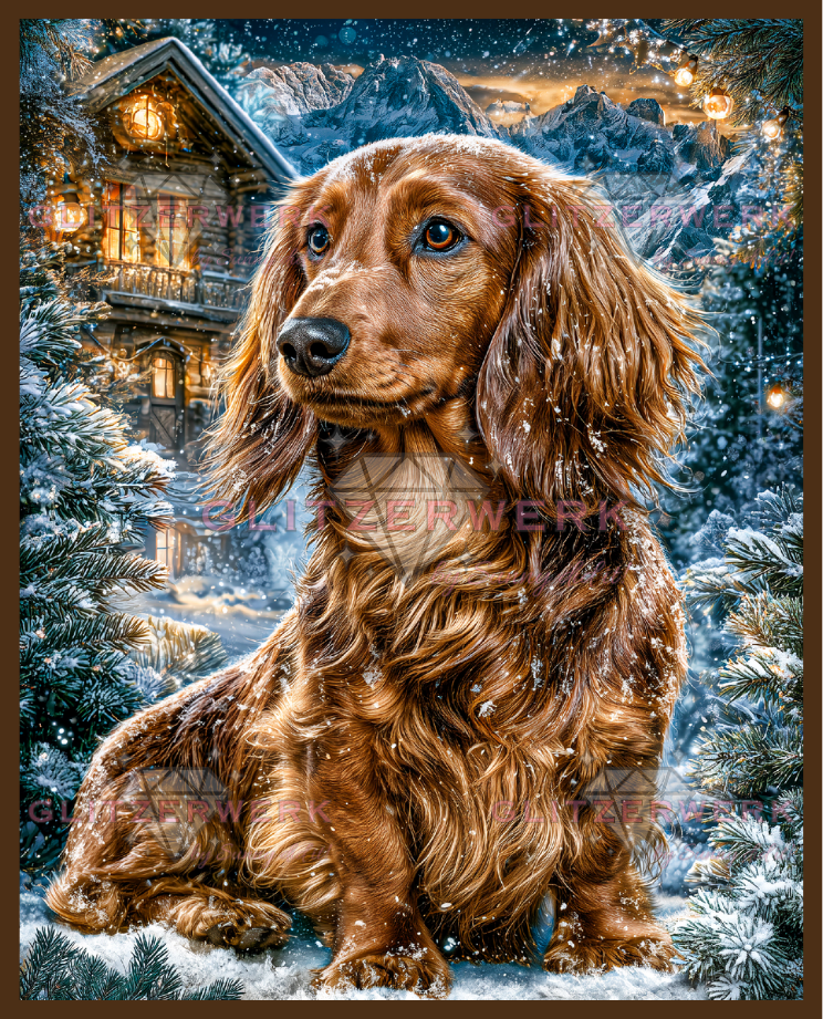 Dackel im Schnee by Funkelreich 60x75cm 115 Farben mit 9x Sondersteinen