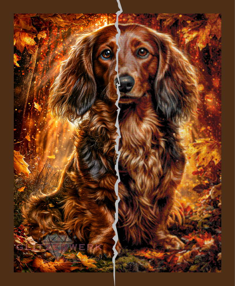 Herbstdackel by Funkelreich 60x75cm 100 Farben mit 10x Sondersteinen