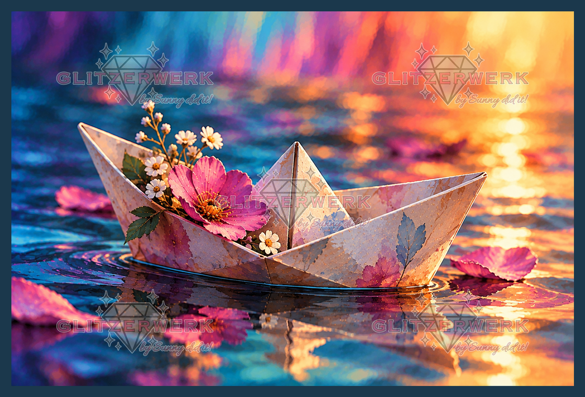 Papierboot im Blütenmeer by tiki_DIAMONDS.ai 75x50cm 110 Farben