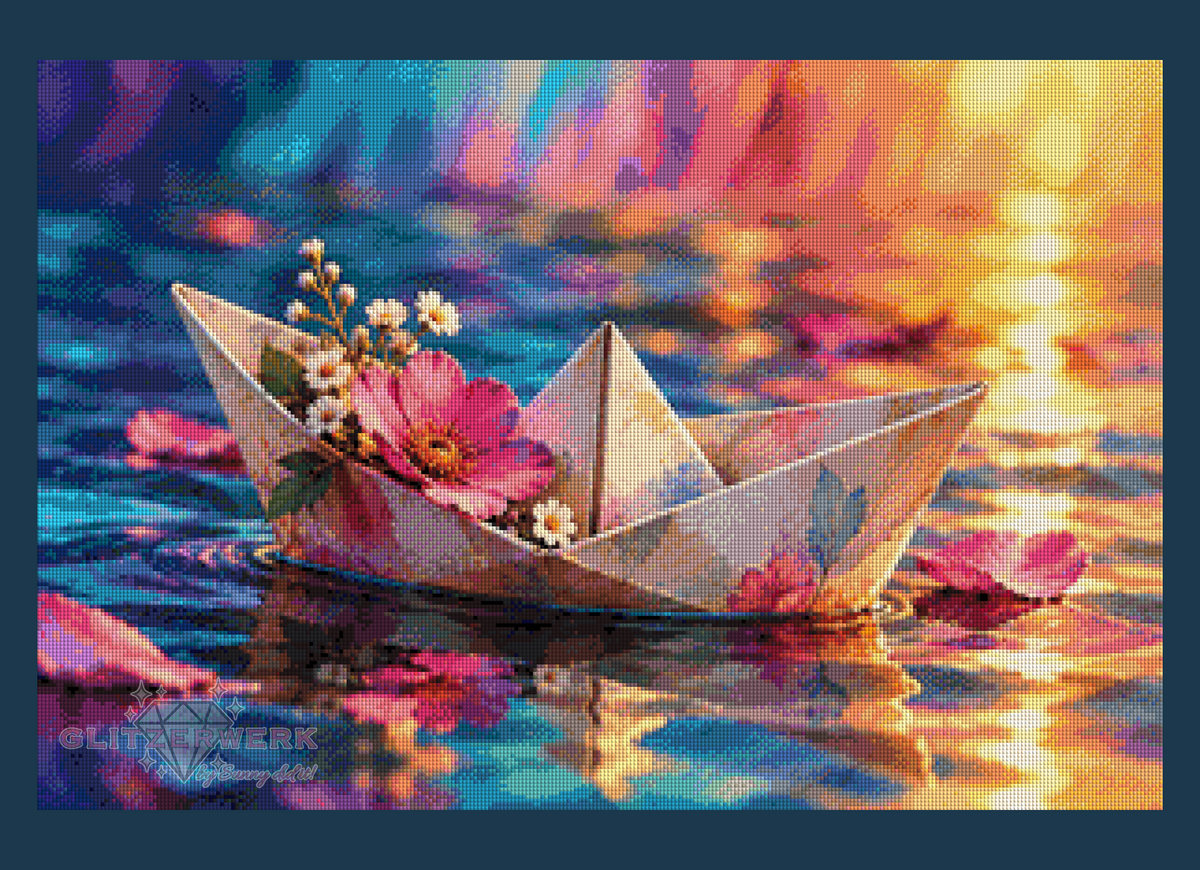 Papierboot im Blütenmeer by tiki_DIAMONDS.ai 75x50cm 110 Farben