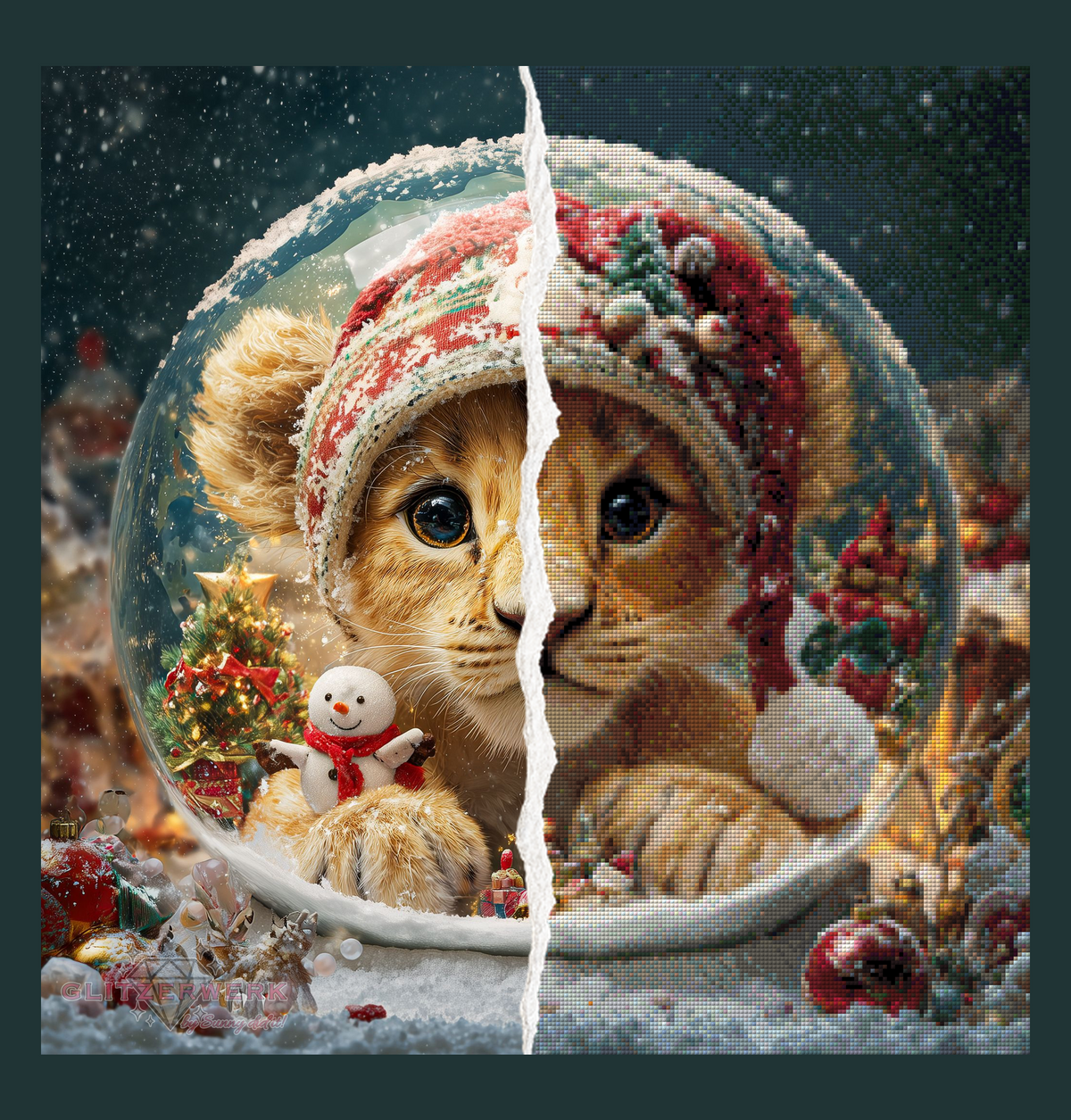 Weihnachtslöwe in Glaskugel by Funkelreich 60x60cm 125 Farben
