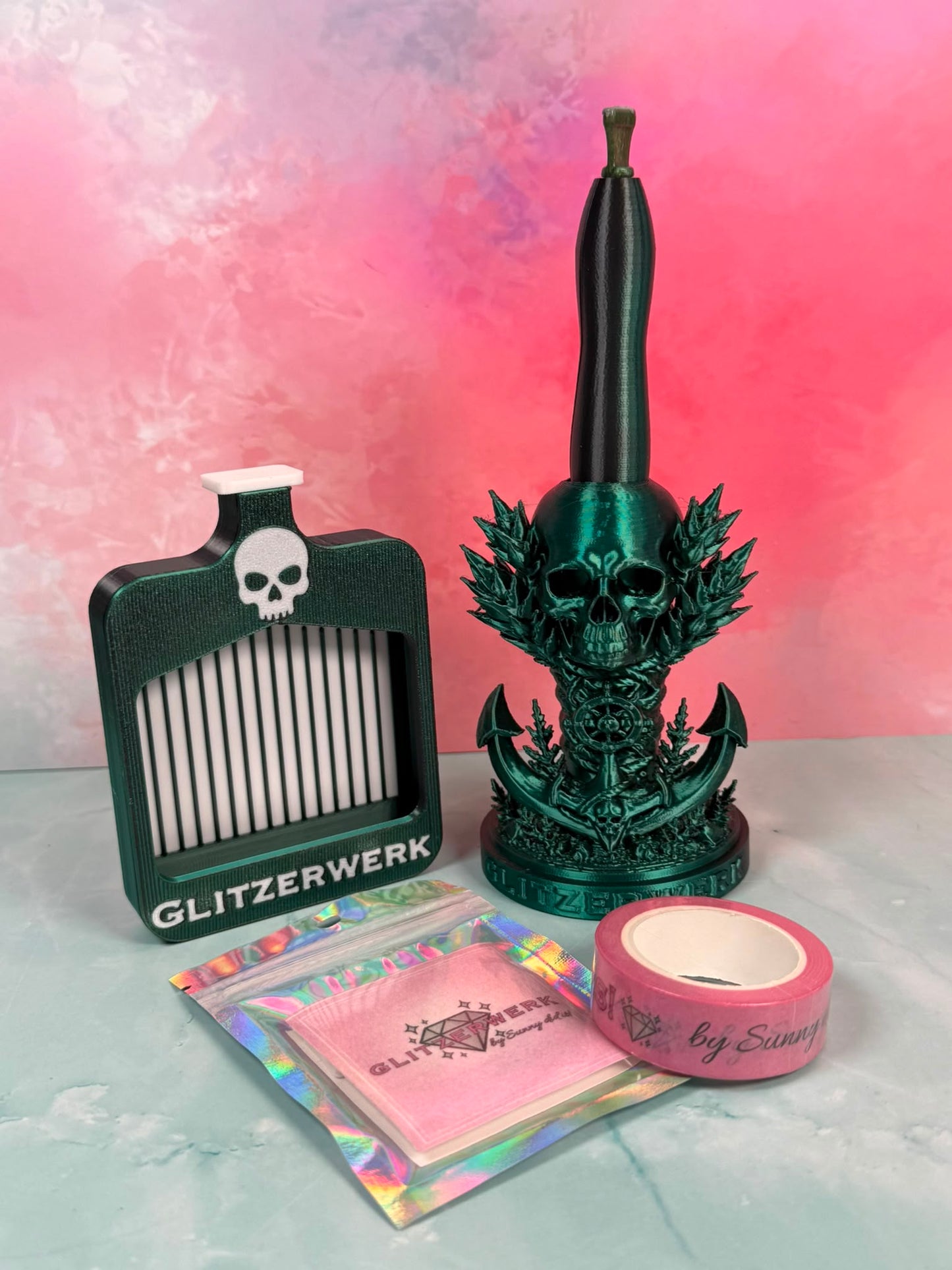 Glitzerwerk by Sunny did it! - Set Standardschiffchen S plus 3D Druck Stift Sunny XL mit Resinspitzen und Siftehalter "Skull"
